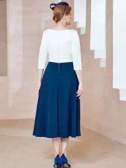 Mother Dress Jewel Neck Half Sleeves A-Line Beaded Tea-Length Guest Dresses For Wedding