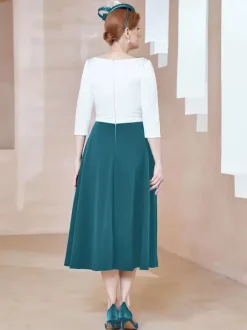 Mother Dress Jewel Neck Half Sleeves A-Line Beaded Tea-Length Guest Dresses For Wedding