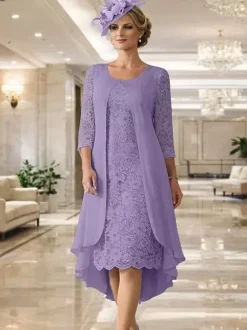 Mother Dress Jewel Neck 3/4 Length Sleeves A-Line Lace Guest Dresses For Wedding