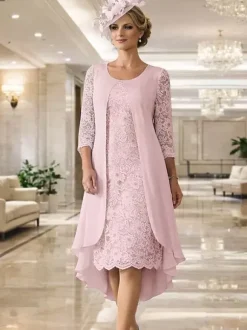 Mother Dress Jewel Neck 3/4 Length Sleeves A-Line Lace Guest Dresses For Wedding
