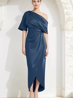 Mother Dress One-Shoulder Half Sleeves Pleated Sheath Guest Dresses For Wedding