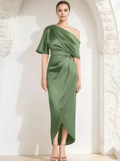 Mother Dress One-Shoulder Half Sleeves Pleated Sheath Guest Dresses For Wedding