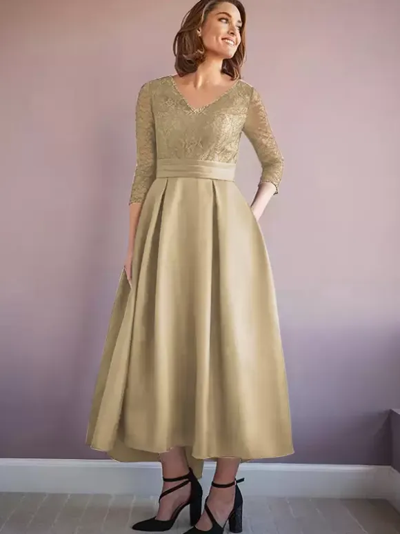 Mother Dress V-Neck Half Sleeves A-Line Beaded Wedding Guest Dresses