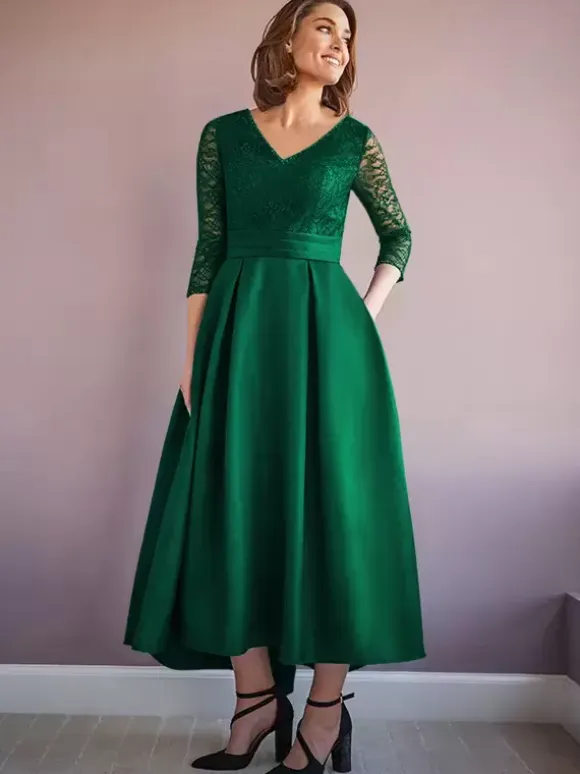 Mother Dress V-Neck Half Sleeves A-Line Beaded Wedding Guest Dresses