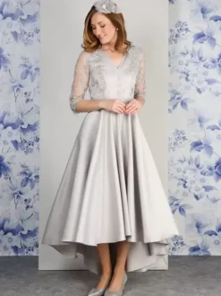 Mother Dress V-Neck 3/4 Length Sleeves A-Line Lace Tea-Length Wedding Guest Dresses