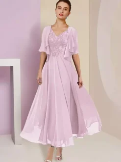 Mother Dress V-Neck Short Sleeves A-Line Lace Tea-Length Wedding Guest Dresses Free Customization