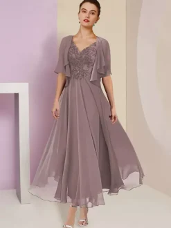 Mother Dress V-Neck Short Sleeves A-Line Lace Tea-Length Wedding Guest Dresses Free Customization