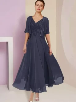 Mother Dress V-Neck Short Sleeves A-Line Lace Tea-Length Wedding Guest Dresses Free Customization