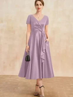Mother Dress V-Neck Short Sleeves A-Line Pleated Guest Dresses For Wedding