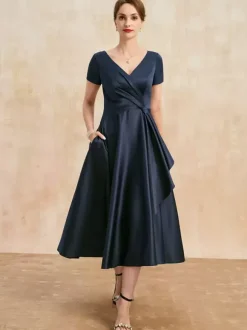 Mother Dress V-Neck Short Sleeves A-Line Pleated Guest Dresses For Wedding