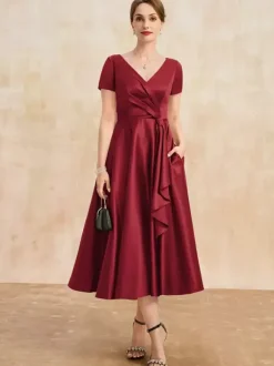 Mother Dress V-Neck Short Sleeves A-Line Pleated Guest Dresses For Wedding