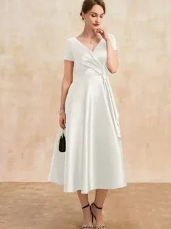 Mother Dress V-Neck Short Sleeves A-Line Pleated Guest Dresses For Wedding