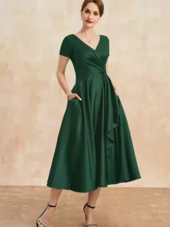 Mother Dress V-Neck Short Sleeves A-Line Pleated Guest Dresses For Wedding