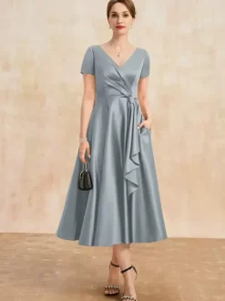 Mother Dress V-Neck Short Sleeves A-Line Pleated Guest Dresses For Wedding
