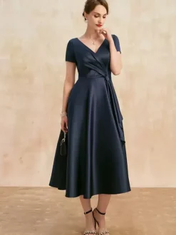 Mother Dress V-Neck Short Sleeves A-Line Pleated Guest Dresses For Wedding