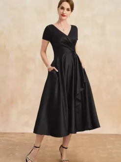 Mother Dress V-Neck Short Sleeves A-Line Pleated Guest Dresses For Wedding