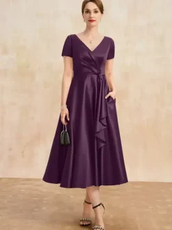 Mother Dress V-Neck Short Sleeves A-Line Pleated Guest Dresses For Wedding