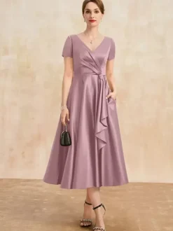 Mother Dress V-Neck Short Sleeves A-Line Pleated Guest Dresses For Wedding