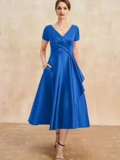 Mother Dress V-Neck Short Sleeves A-Line Pleated Guest Dresses For Wedding