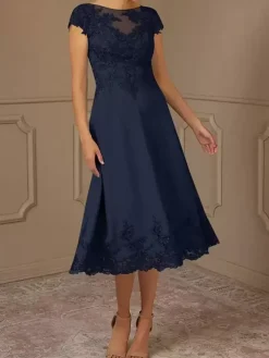 Mother Of Bride Dress Lace Embellishment Cape Sleeves Tea-Length Wedding Party Dress