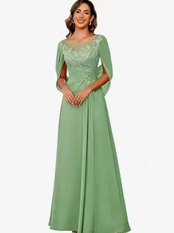 Mother Of The Bride Illusion Neckline Half Sleeves A-Line Lace Floor-Length Guest Dresses For Wedding