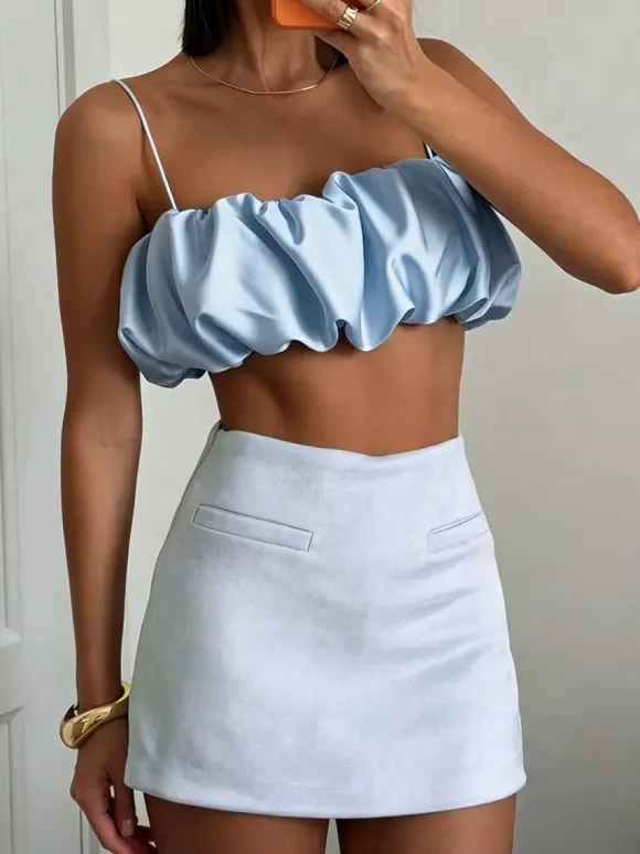 Multi Color Ruched Bubble Hem Satin Cami Strapless Spaghetti Strap Crop Top