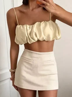 Multi Color Ruched Bubble Hem Satin Cami Strapless Spaghetti Strap Crop Top