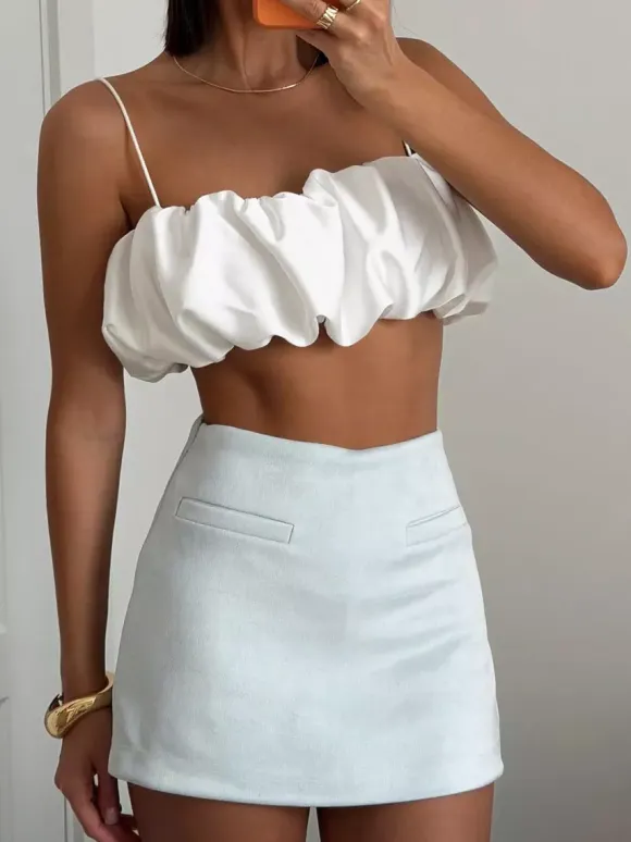 Multi Color Ruched Bubble Hem Satin Cami Strapless Spaghetti Strap Crop Top