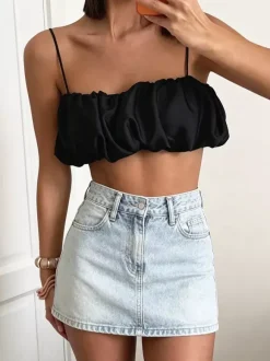 Multi Color Ruched Bubble Hem Satin Cami Strapless Spaghetti Strap Crop Top