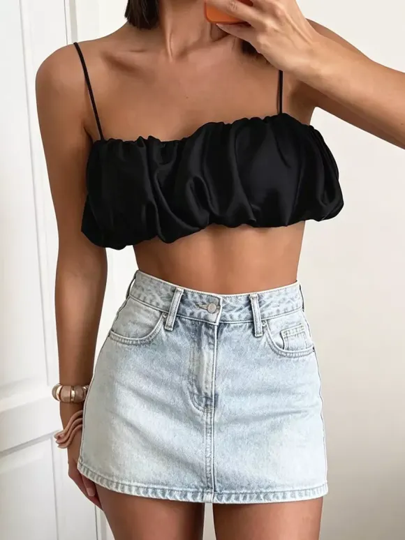 Multi Color Ruched Bubble Hem Satin Cami Strapless Spaghetti Strap Crop Top