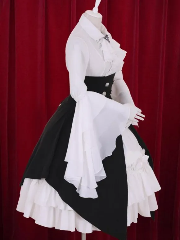 Multicolor Lolita Dress Buttons Tiered Cotton Dress