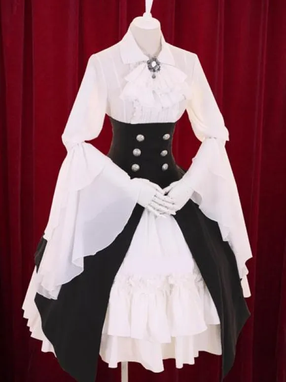 Multicolor Lolita Dress Buttons Tiered Cotton Dress