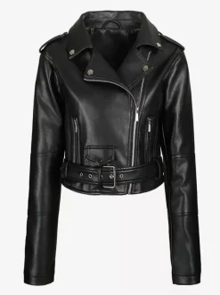 Multi Color Cropped Moto Jacket Lapel Diagonal Zip Waist Belt Faux Leather Outerwear