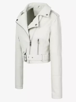 Multi Color Cropped Moto Jacket Lapel Diagonal Zip Waist Belt Faux Leather Outerwear