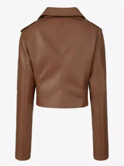 Multi Color Cropped Moto Jacket Lapel Diagonal Zip Waist Belt Faux Leather Outerwear