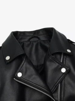 Multi Color Cropped Moto Jacket Lapel Diagonal Zip Waist Belt Faux Leather Outerwear