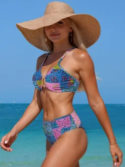 Multi Floral Print Push Up Bikini Set For Women - Ring Front Top And High Cut Bottom 2 Piece Swimsuit - Summer Beach 2026