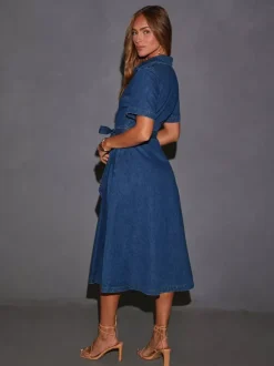 Navy Blue Denim Short Sleeve Midi Dress For Women Classic Casual