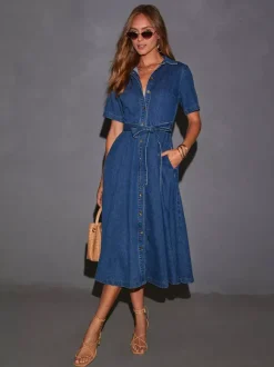 Navy Blue Denim Short Sleeve Midi Dress For Women Classic Casual