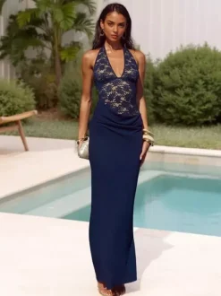 Navy Blue Halter Women's Maxi Dress - Asymmetric Lace Patchwork Backless Gown - Sexy Bodycon Summer Birthday Party Wear 2026
