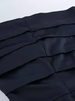Navy Blue Satin Mini Dress For Women - Elegant Ruched Stand Collar Flare Sleeve - Spring Cocktail Party 2026