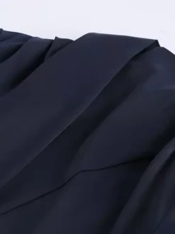 Navy Blue Satin Mini Dress For Women - Elegant Ruched Stand Collar Flare Sleeve - Spring Cocktail Party 2026