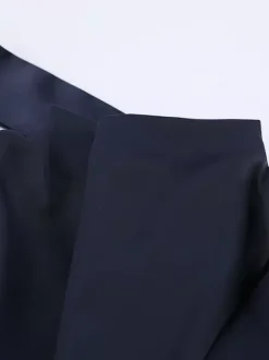 Navy Blue Satin Mini Dress For Women - Elegant Ruched Stand Collar Flare Sleeve - Spring Cocktail Party 2026