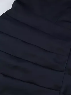 Navy Blue Satin Mini Dress For Women - Elegant Ruched Stand Collar Flare Sleeve - Spring Cocktail Party 2026