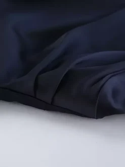 Navy Blue Satin Mini Dress For Women - Elegant Ruched Stand Collar Flare Sleeve - Spring Cocktail Party 2026