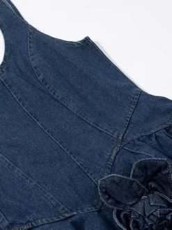 Navy Blue Sleeveless Denim Mini Dress With Ruffle Hem For Women