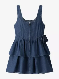 Navy Blue Sleeveless Denim Mini Dress With Ruffle Hem For Women