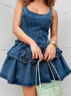 Navy Blue Sleeveless Denim Mini Dress With Ruffle Hem For Women