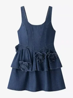Navy Blue Sleeveless Denim Mini Dress With Ruffle Hem For Women