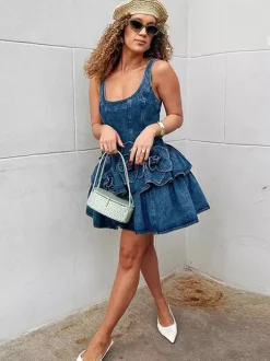 Navy Blue Sleeveless Denim Mini Dress With Ruffle Hem For Women